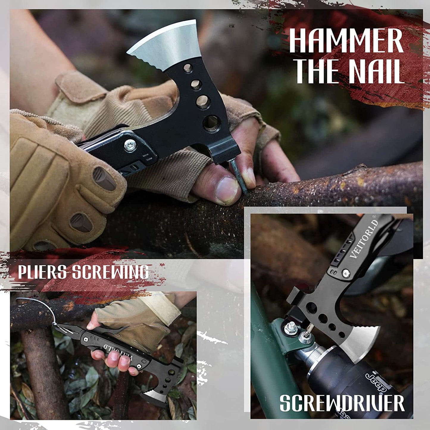 VEITORLD Multitool Axe Hammer - Unique Christmas Stocking Stuffer and Gift Idea for Men, Dads, and Husbands, Perfect for Anniversaries and Birthdays, Ideal for Camping, Hunting, Fishing, and Hiking
