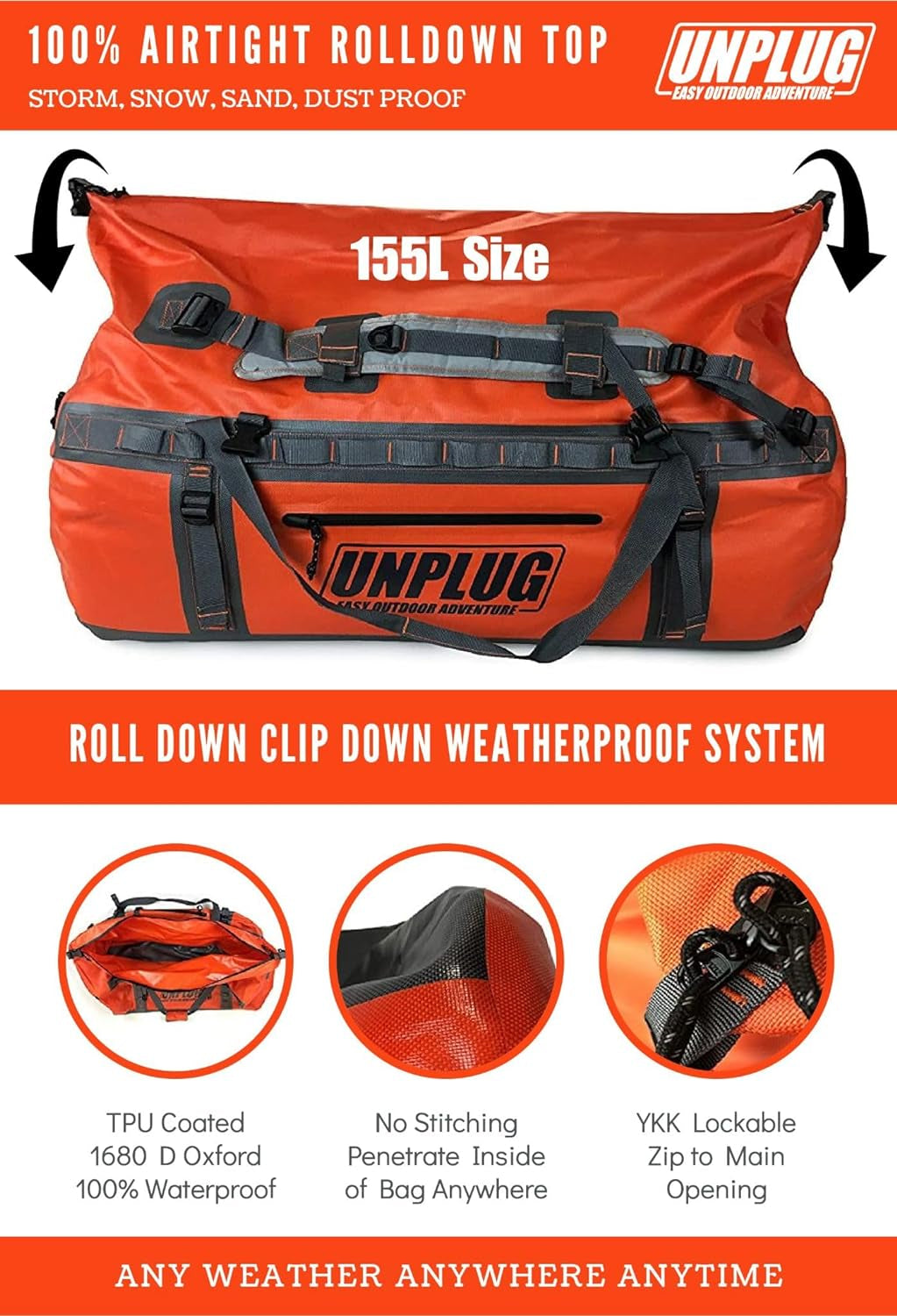 UNPLUG Ultimate Adventure Duffle Bag | 1680D Heavy-Duty Waterproof Design | Versatile Large Bag for Camping, Motorcycling, Boating, and Hunting