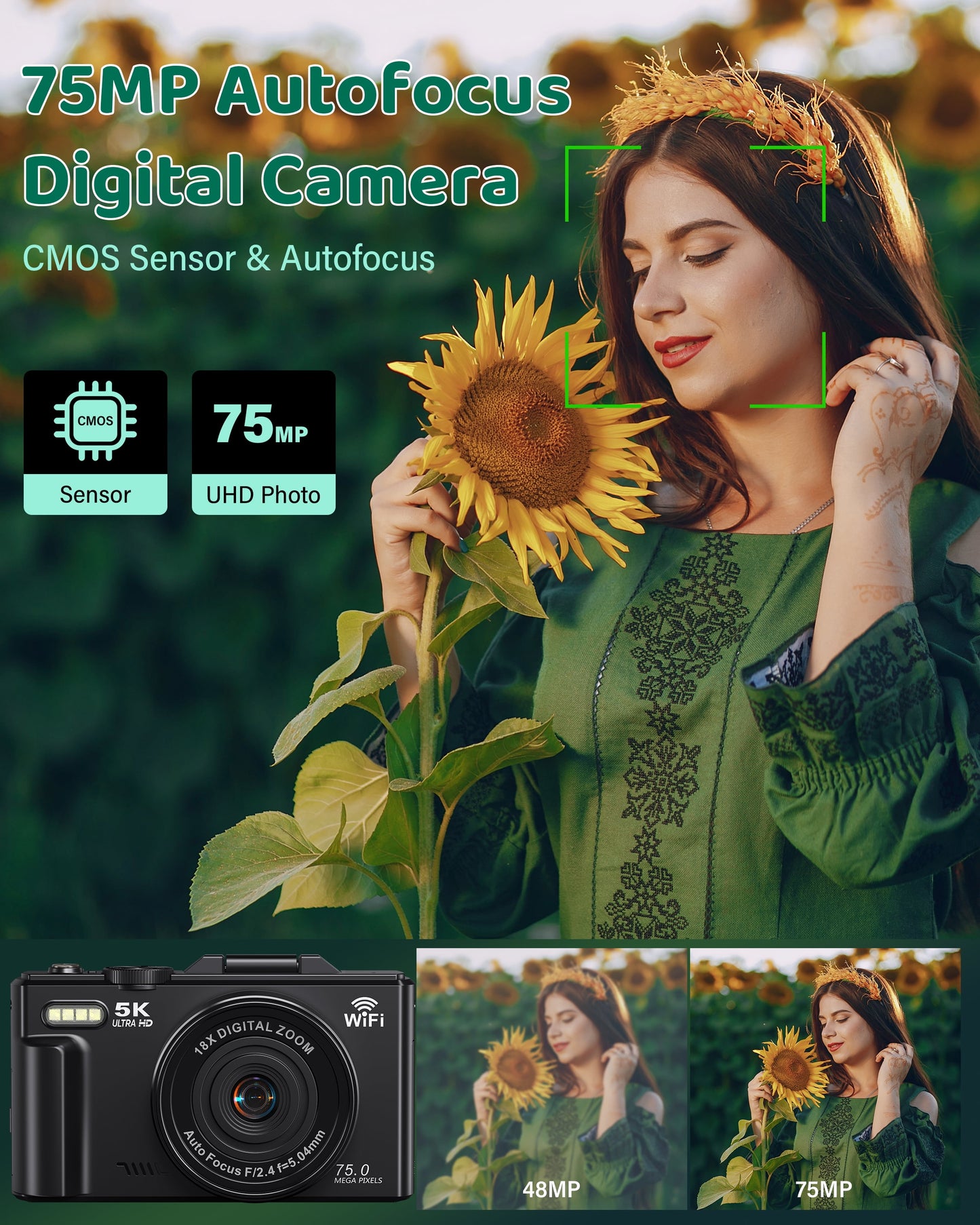 5K Digital Camera with 75MP Resolution, WiFi Connectivity, 18X Zoom, Autofocus, Flip Screen, and 32GB Memory Card for Vlogging and Photography