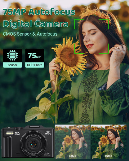 5K Digital Camera with 75MP Resolution, WiFi Connectivity, 18X Zoom, Autofocus, Flip Screen, and 32GB Memory Card for Vlogging and Photography
