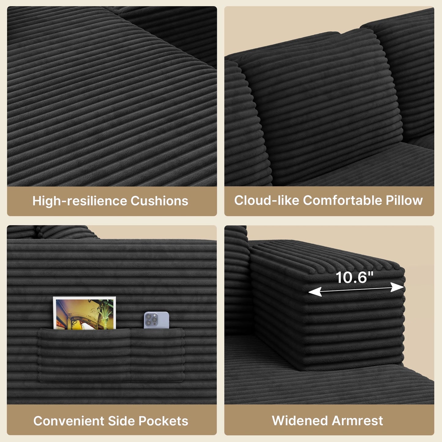 105" Cloud Sectional Sofa with L-Shape Chaise - Upholstered Couch for Living Room or Bedroom, No Assembly Required, Black