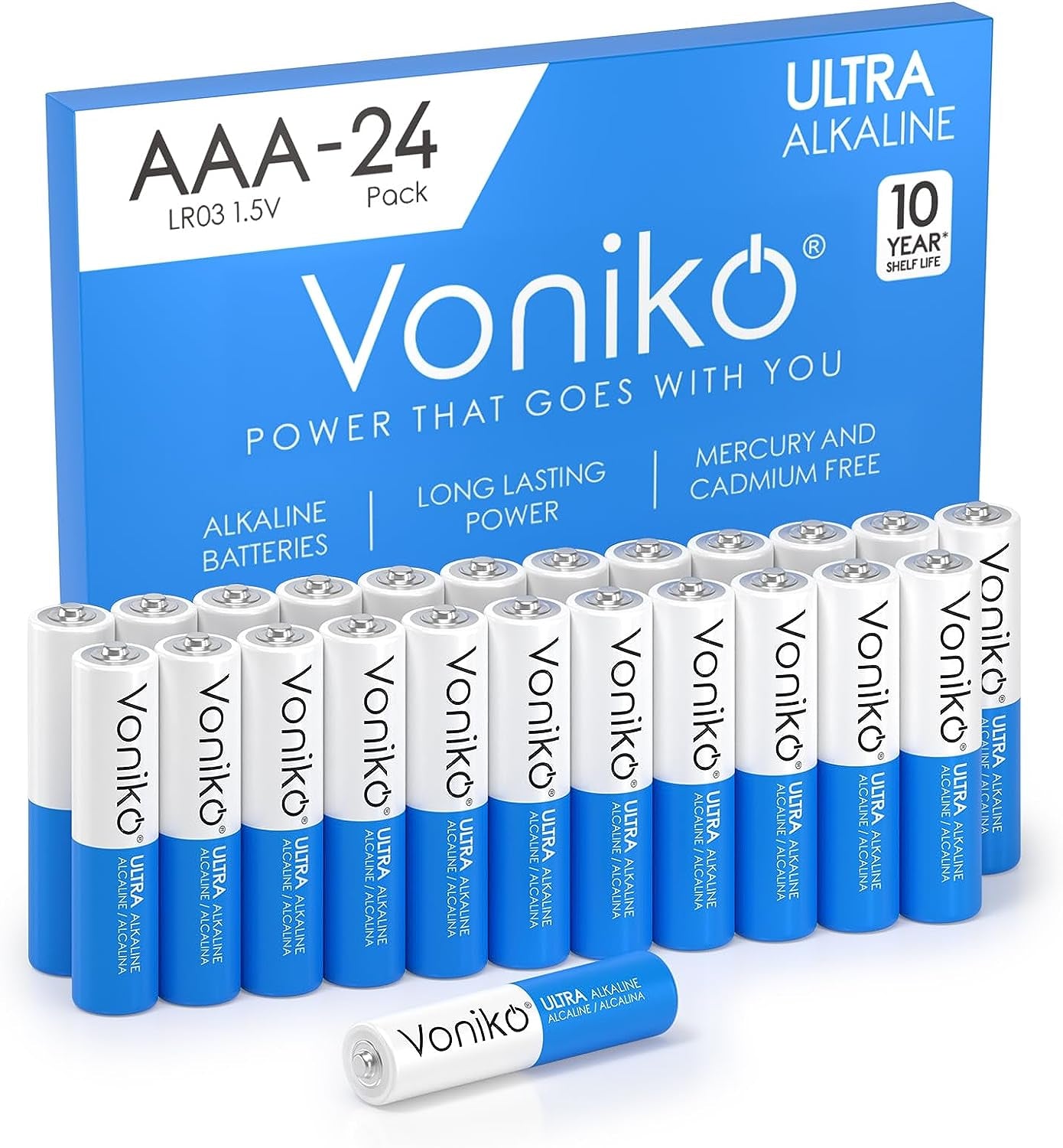 Voniko Ultra AAA Alkaline Batteries - 24 Pack, Long-Lasting Performance, 10-Year Shelf Life, Leak-Proof and Mercury-Free