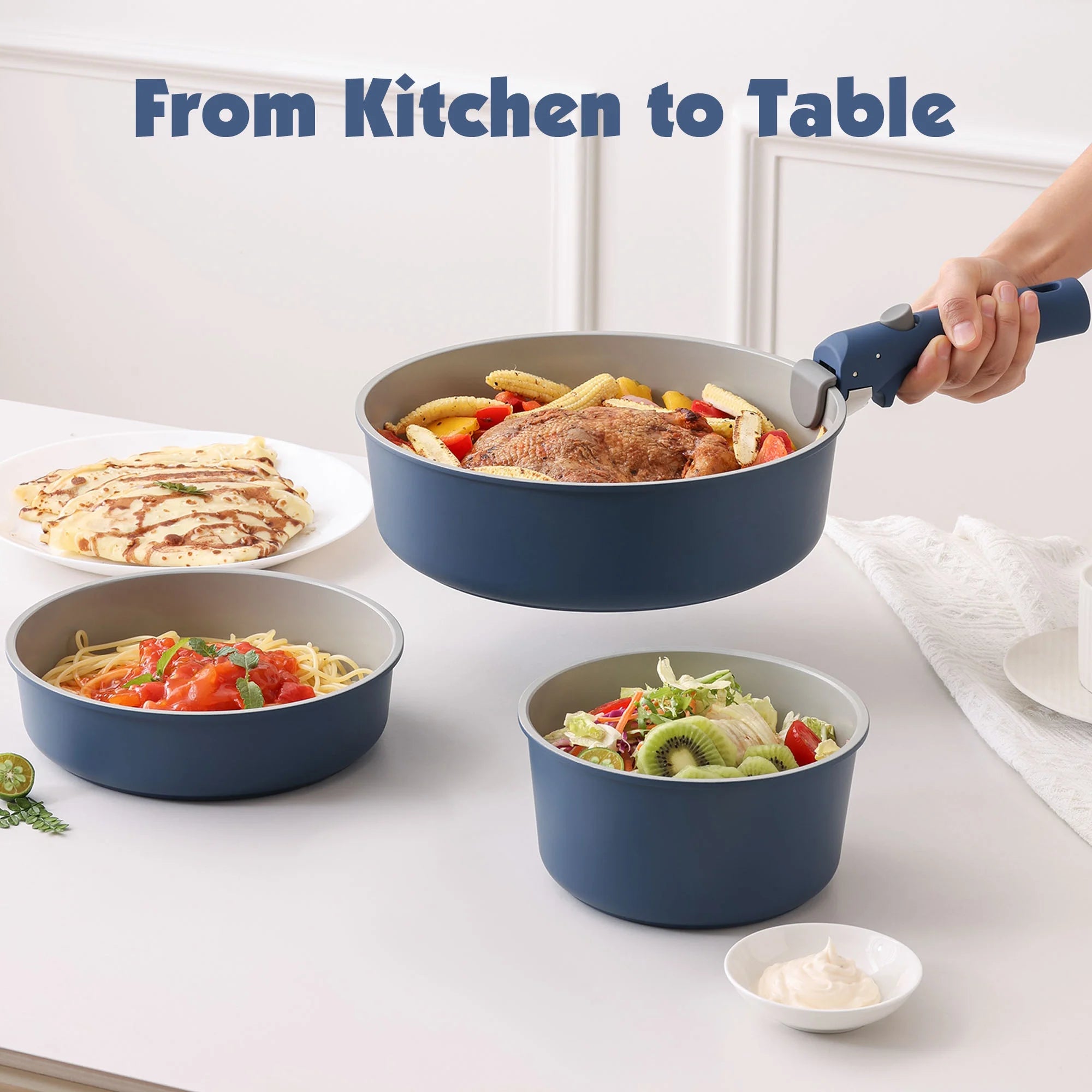 SENSARTE Ceramic Nonstick Pots and Pans Set with Detachable Handle, 18Pcs Induction Kitchen Cookware Sets Stackable, Dishwasher/Oven Safe(Navy Blue)