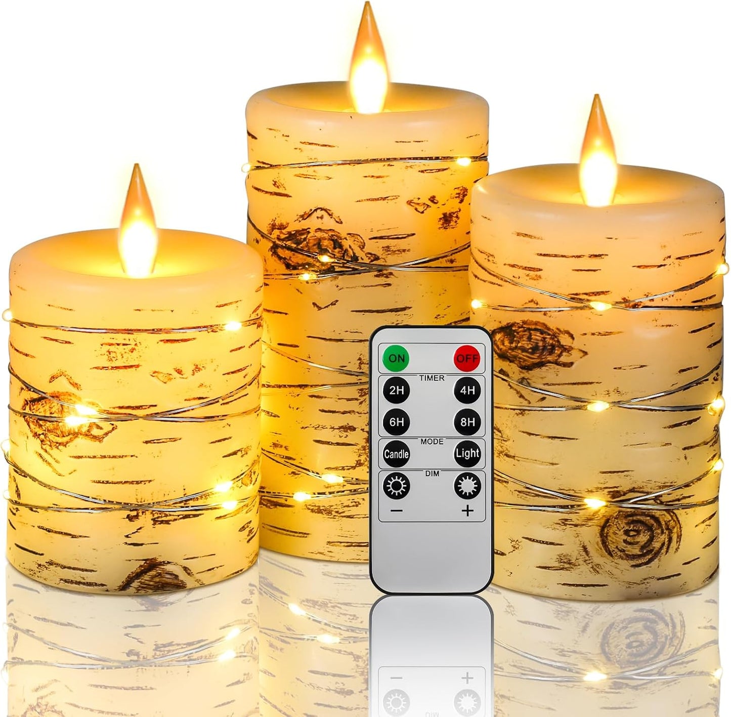 Flameless LED Candles with String Lights, Battery Operated, Flickering Effect, Remote Control and Timer, Real Wax, Set of 3 - Ivory