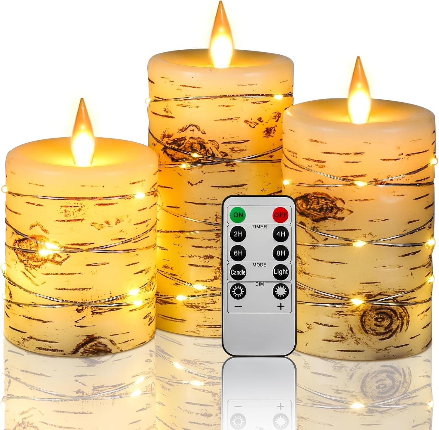 Flameless LED Candles with String Lights, Battery Operated, Flickering Effect, Remote Control and Timer, Real Wax, Set of 3 - Ivory