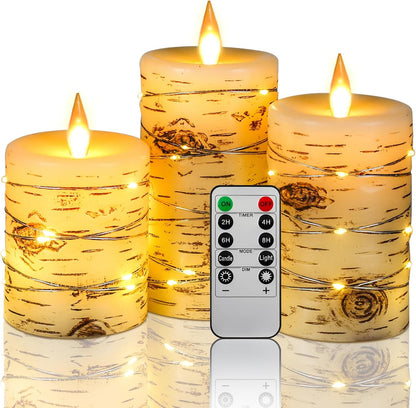 Flameless LED Candles with String Lights, Battery Operated, Flickering Effect, Remote Control and Timer, Real Wax, Set of 3 - Ivory