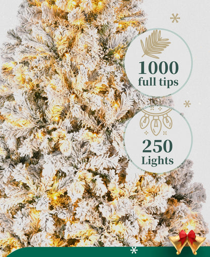 6-Foot Pre-Lit Snow Flocked Christmas Tree Featuring 250 Warm White Lights and 1000 Branch Tips
