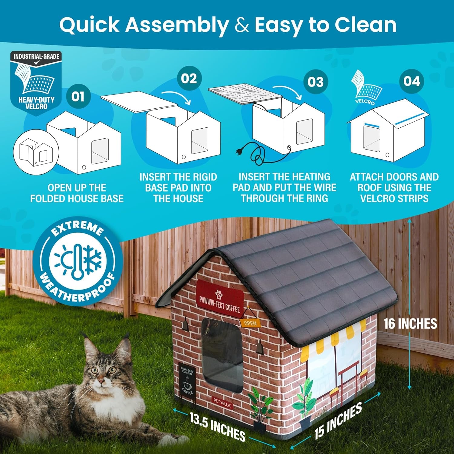 Deluxe Insulated Heated Cat House for Winter - Weatherproof Design, Easy Assembly, Dual Escape Doors, Suitable for Indoor and Outdoor Use - Coffee Pethouse