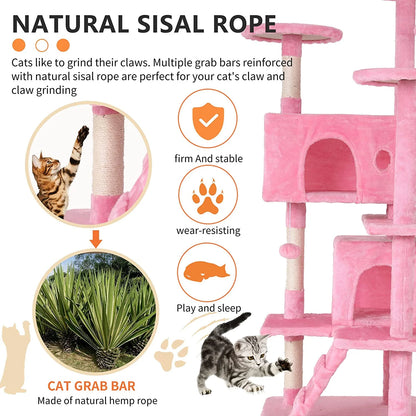 54In Kitten Activity House with Cat Scratching Posts Stand House Cat Condo with Funny Toys Pink