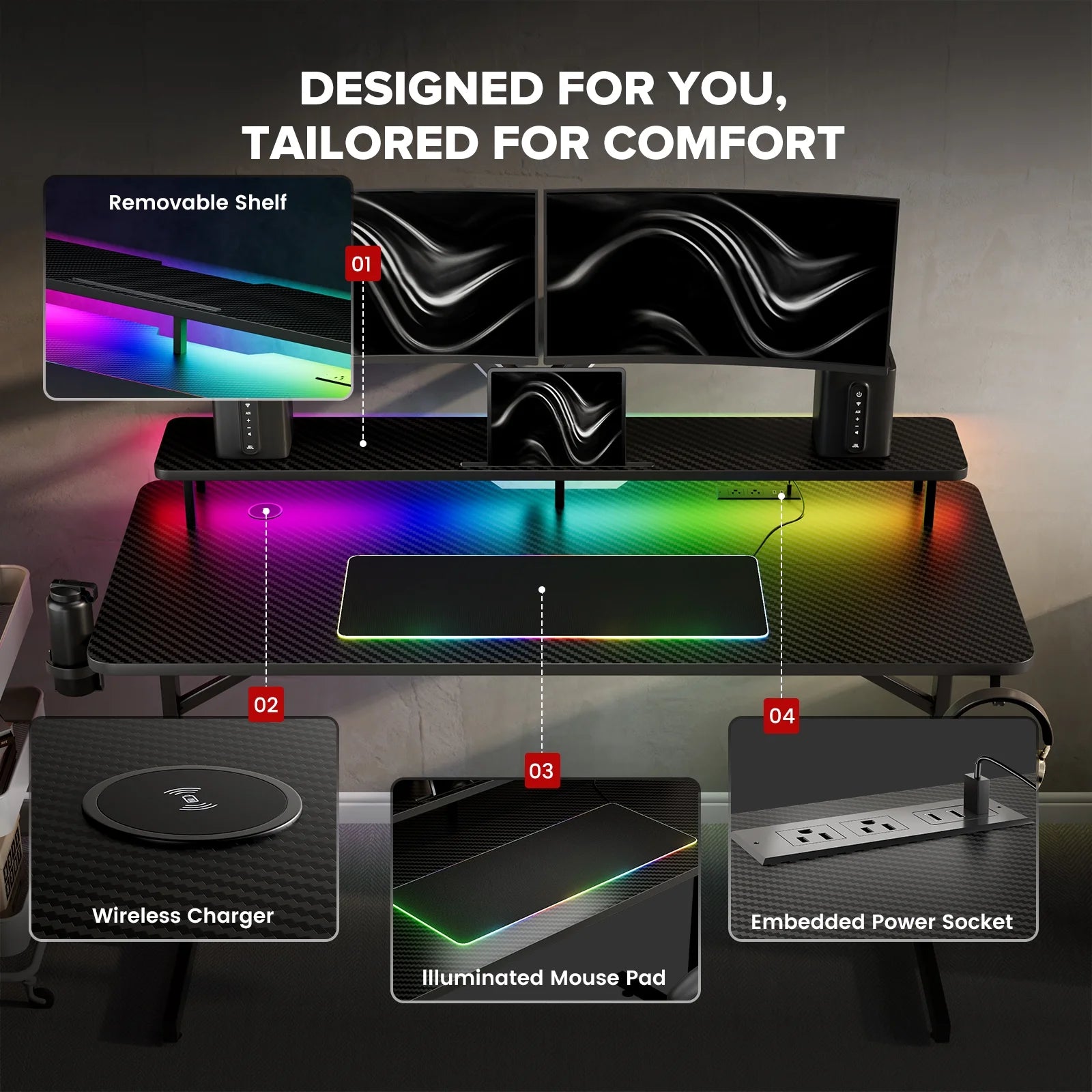 LED Gaming Desk and Bluetooth Gaming Chair Set in Black