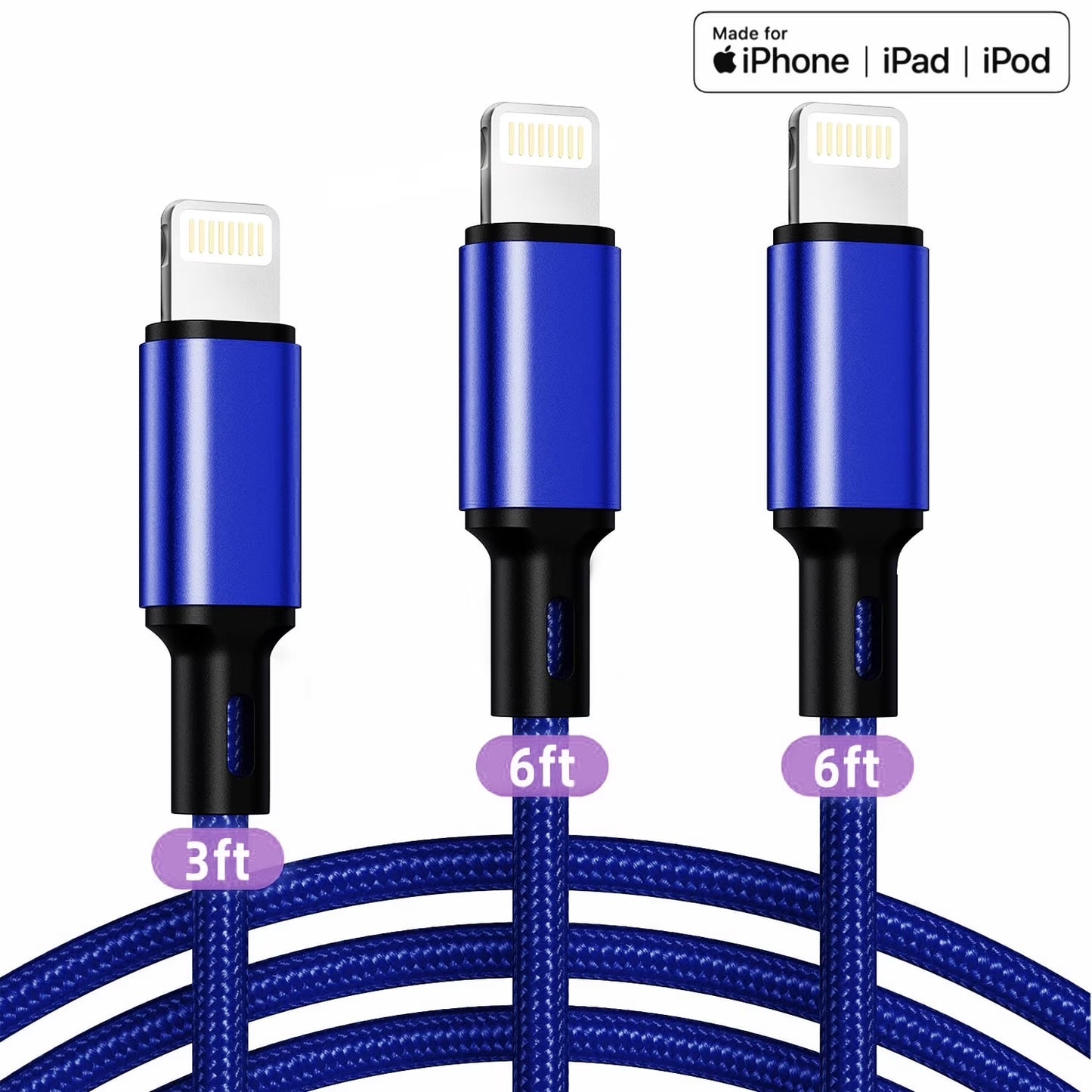 Lightning Cable, 3Pack [Apple Mfi Certified] Nylon Fast Charging (3/6/6Ft)，Compatible with Iphone 14/13/12/11 Pro Max/Pro 13/12 Mini MAX XS Xr X 6 Airpods Ipad，Blue