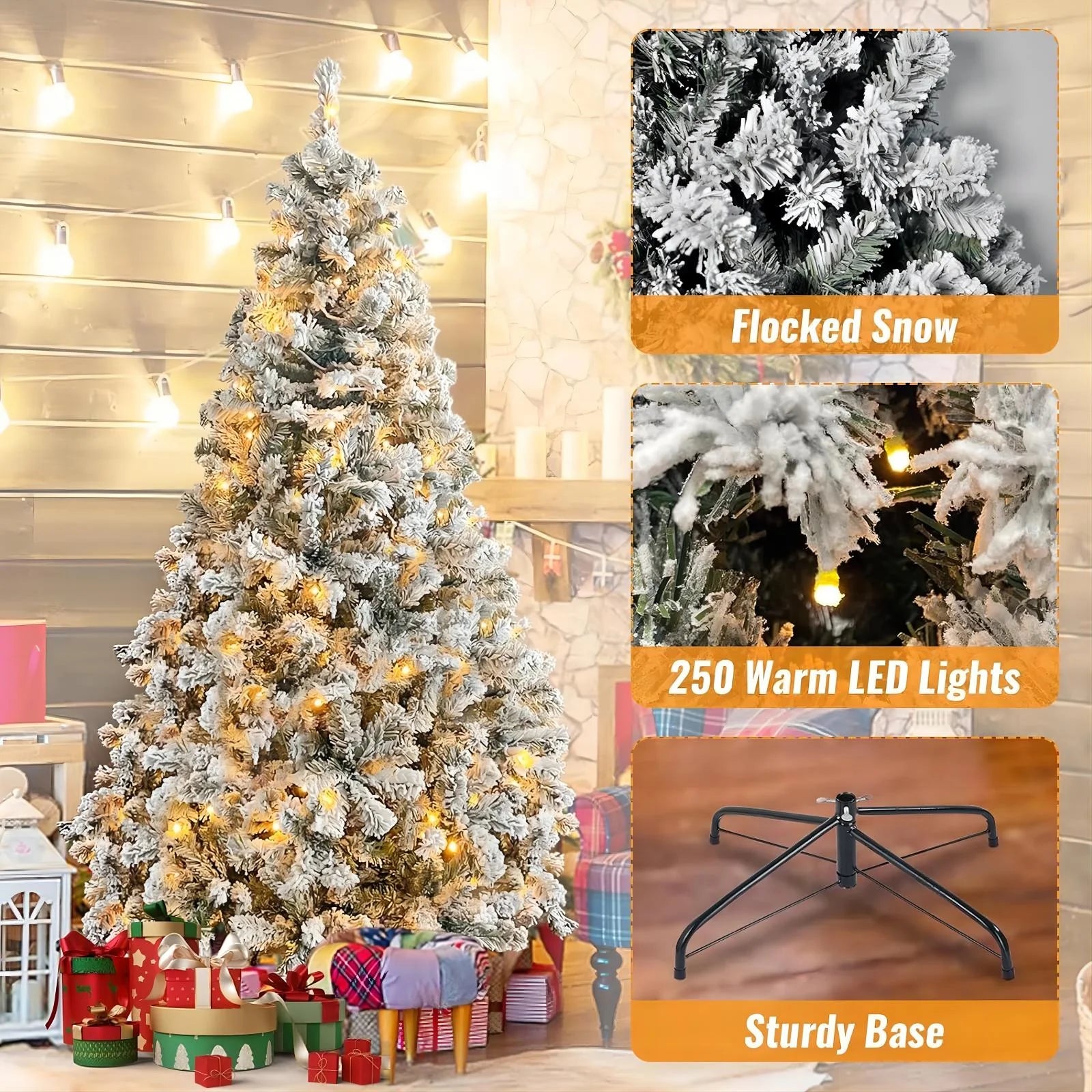 6-Foot Pre-Lit Snow Flocked Christmas Tree Featuring 250 Warm White Lights and 1000 Branch Tips