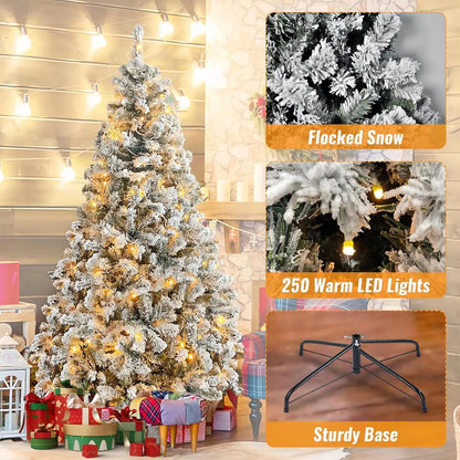 6-Foot Pre-Lit Snow Flocked Christmas Tree Featuring 250 Warm White Lights and 1000 Branch Tips