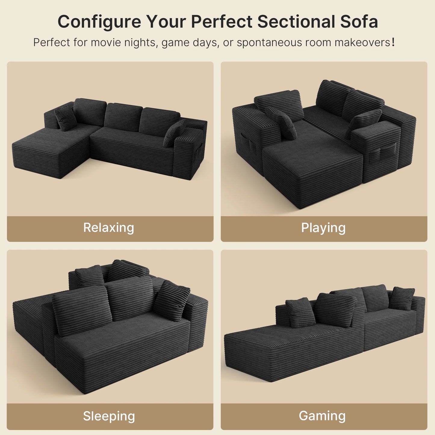 105" Cloud Sectional Sofa with L-Shape Chaise - Upholstered Couch for Living Room or Bedroom, No Assembly Required, Black