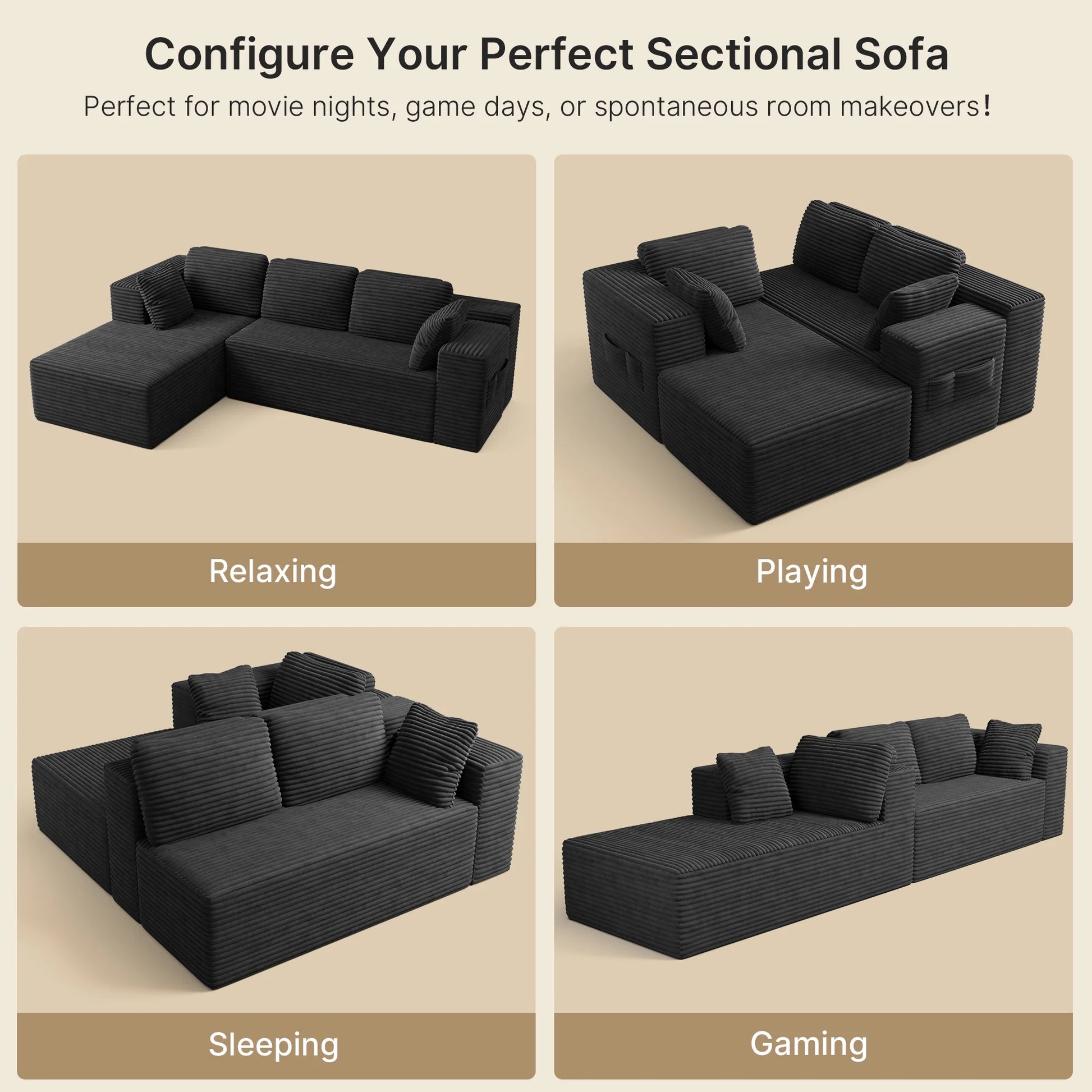 105" Cloud Sectional Sofa with L-Shape Chaise - Upholstered Couch for Living Room or Bedroom, No Assembly Required, Black