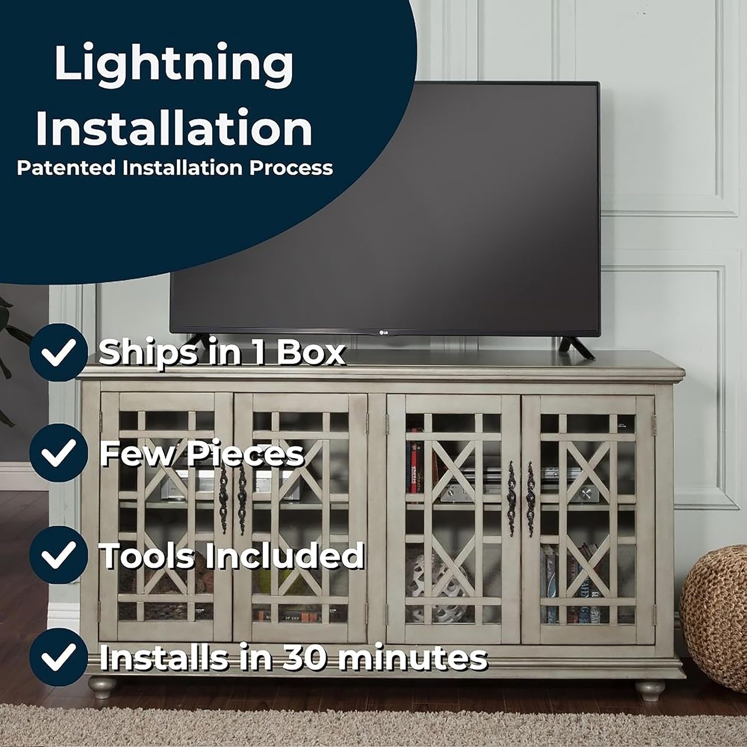 Martin Svensson Home Marche 63" Antique Silver TV Stand - Versatile Multi-Functional Design with Ample Storage in Two Large Cabinets