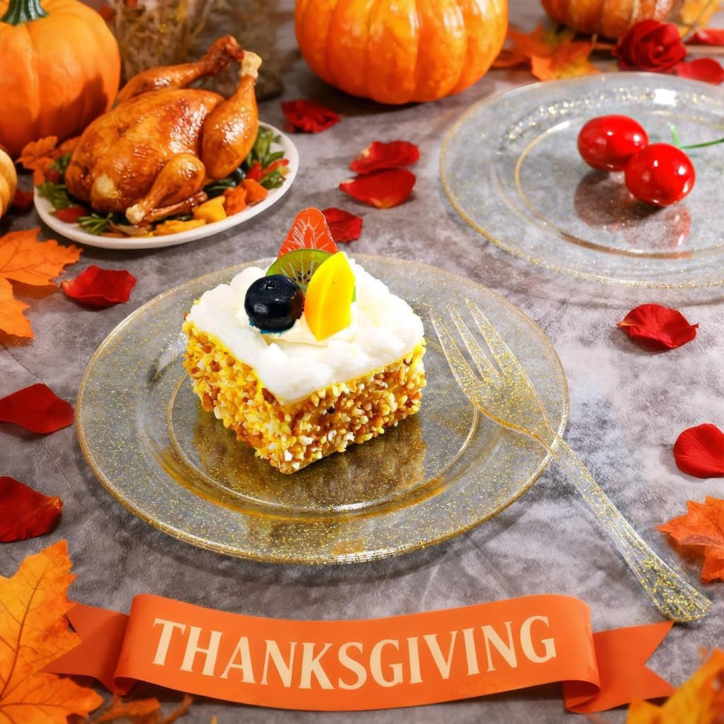 WELLIFE 120-Count Gold Glitter Plastic Dessert Plates and Forks Set, 6.5-Inch Disposable Plates and Durable Small Forks for Catering, Parties, and Weddings