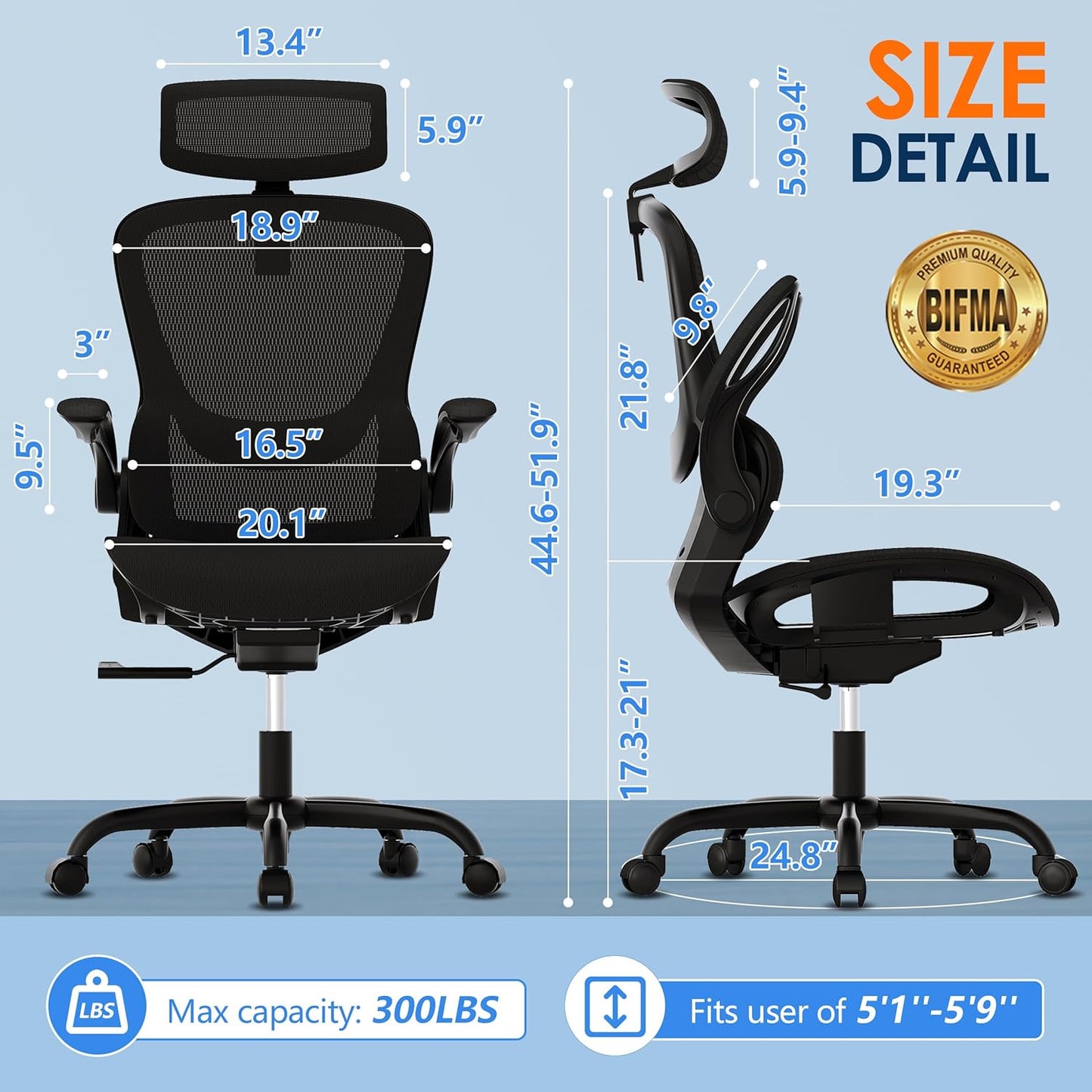 GABRYLLY Ergonomic Mesh Office Chair - Adjustable Home Desk Chair with Folding Armrests, 2D Headrest, Soft Seat, and PU Wheels, Black Swivel Task Chair for Office, Business, and Student Use (Model GY1108)
