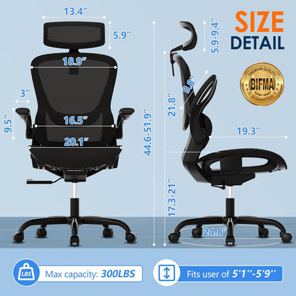 GABRYLLY Ergonomic Mesh Office Chair - Adjustable Home Desk Chair with Folding Armrests, 2D Headrest, Soft Seat, and PU Wheels, Black Swivel Task Chair for Office, Business, and Student Use (Model GY1108)