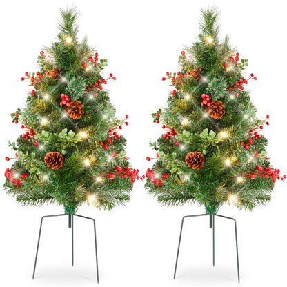 Set of 2 24.5-Inch Outdoor Pathway Christmas Trees with LED Lights, Berries, Pine Cones, and Ornaments