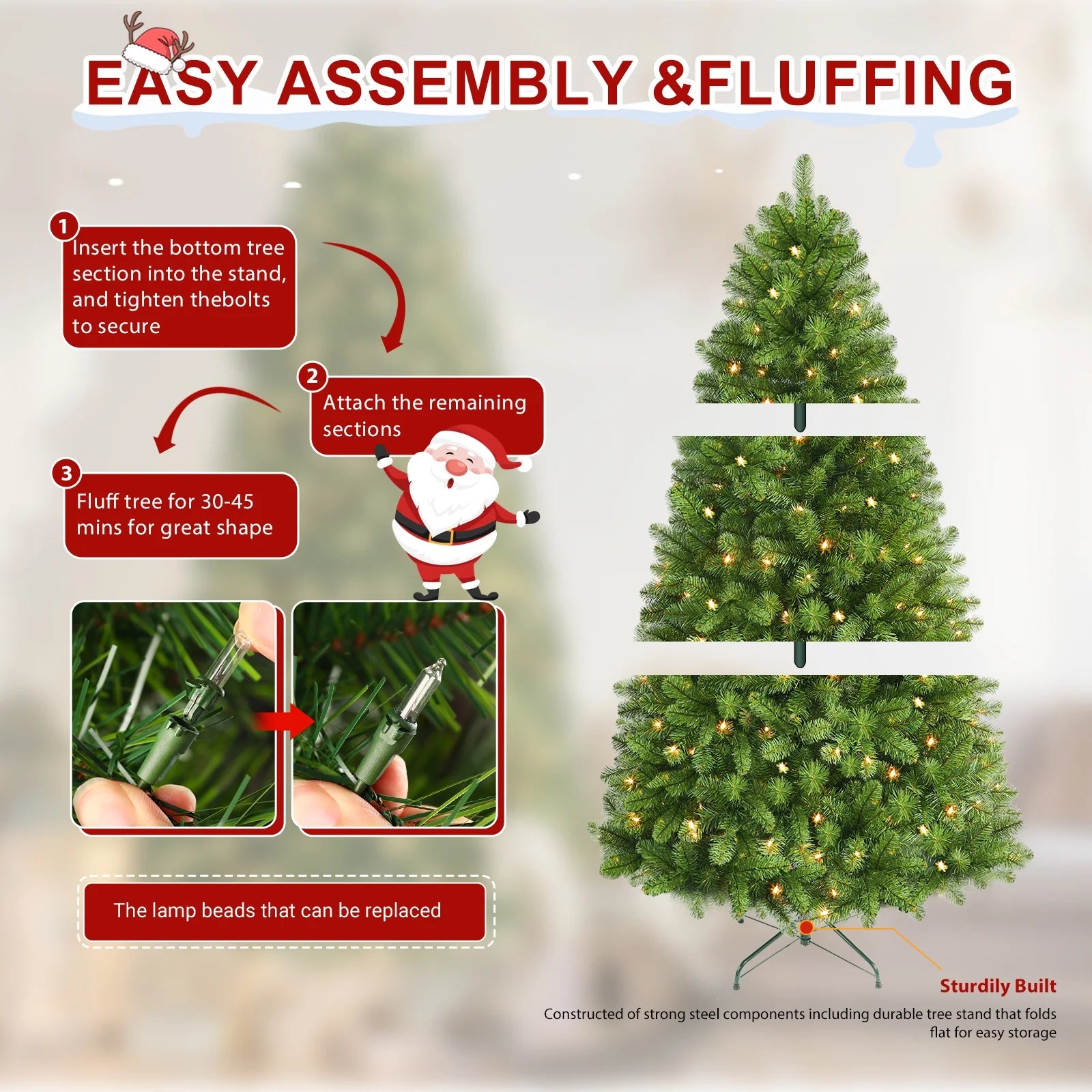 6.5-Foot Pre-Lit Premium Hinged Artificial Christmas Tree with Warm White Lights for Elegant Holiday Decor