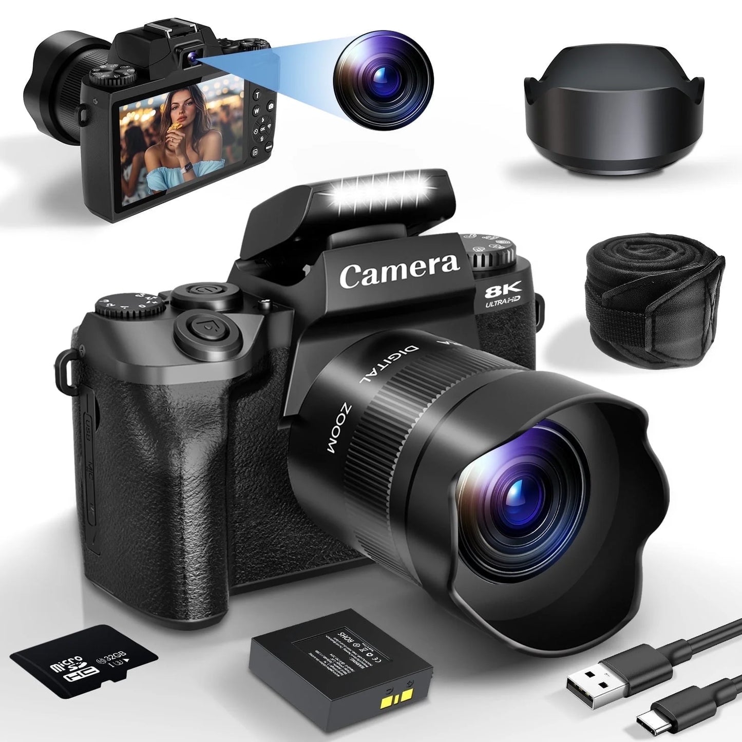 8K Digital Camera for Photography and Vlogging with Dual-Lens, 16X Digital Zoom, WiFi Touchscreen, 3000mAh Battery, and 32GB TF Card