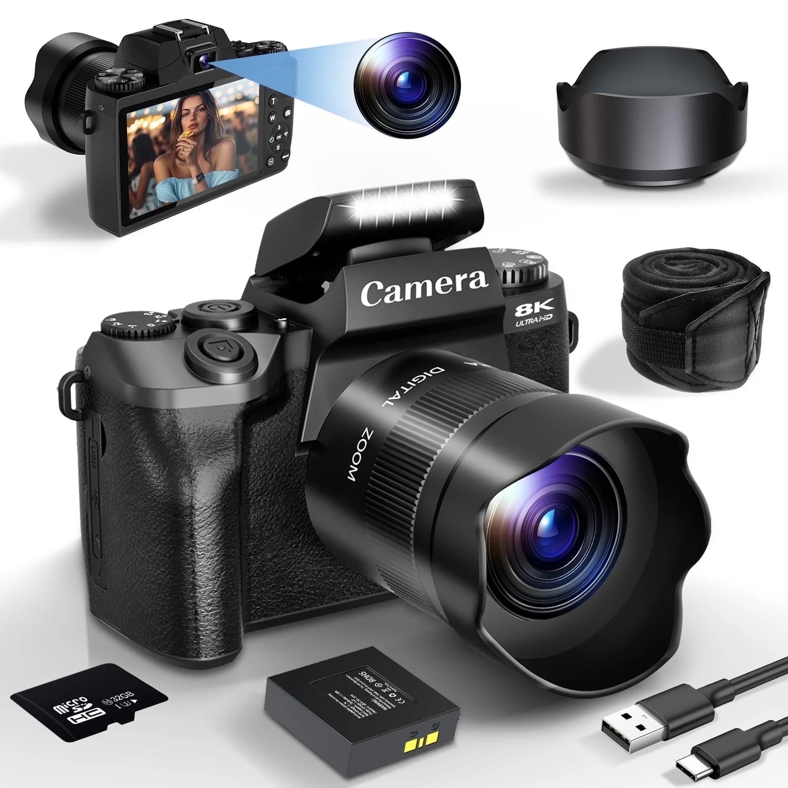 8K Digital Camera for Photography and Vlogging with Dual-Lens, 16X Digital Zoom, WiFi Touchscreen, 3000mAh Battery, and 32GB TF Card