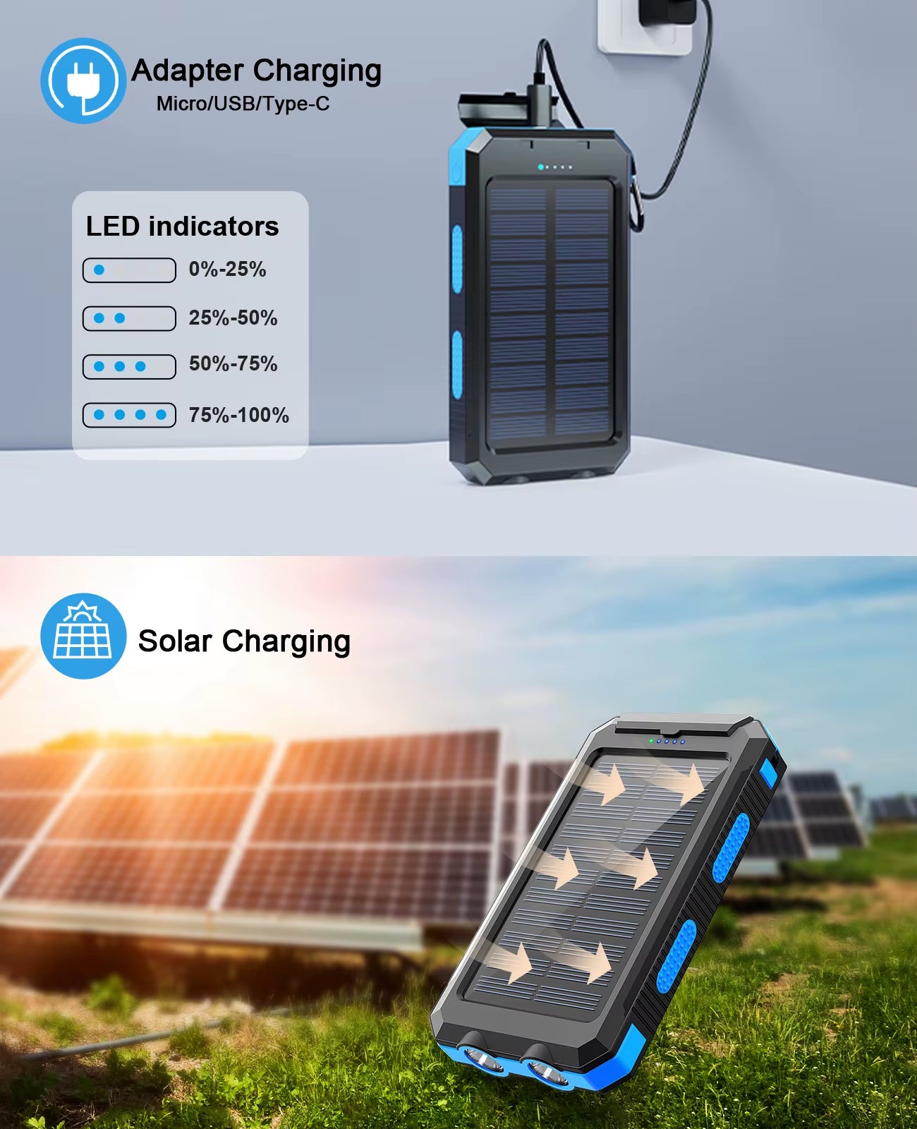 Solar Power Bank 38800Mah with Built-In Cable, Lightweight and Large Capacity Universal Mobile Power Supply for Mobile Phones
