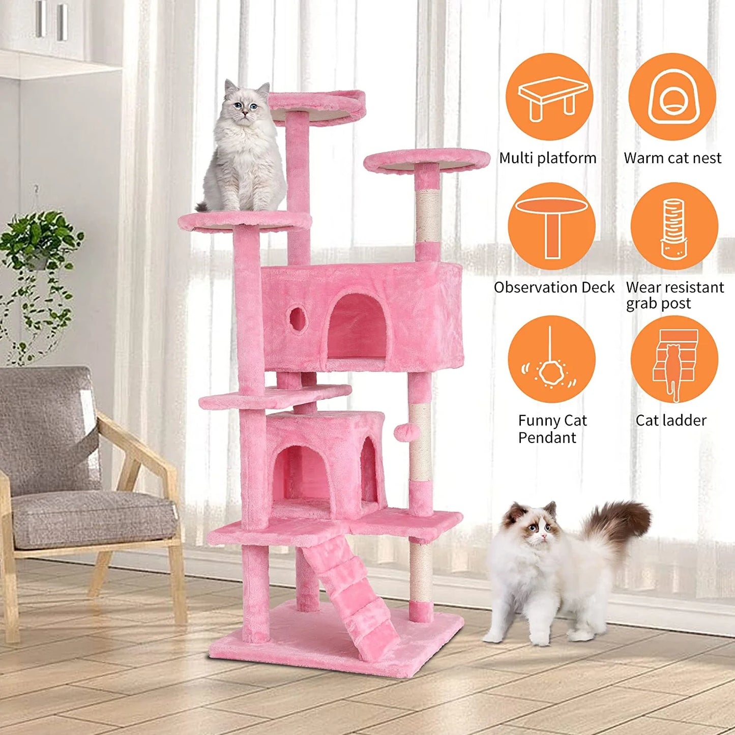 54In Kitten Activity House with Cat Scratching Posts Stand House Cat Condo with Funny Toys Pink