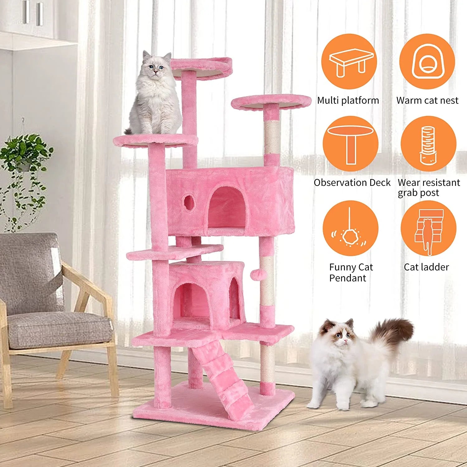 54In Kitten Activity House with Cat Scratching Posts Stand House Cat Condo with Funny Toys Pink