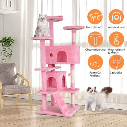 54In Kitten Activity House with Cat Scratching Posts Stand House Cat Condo with Funny Toys Pink