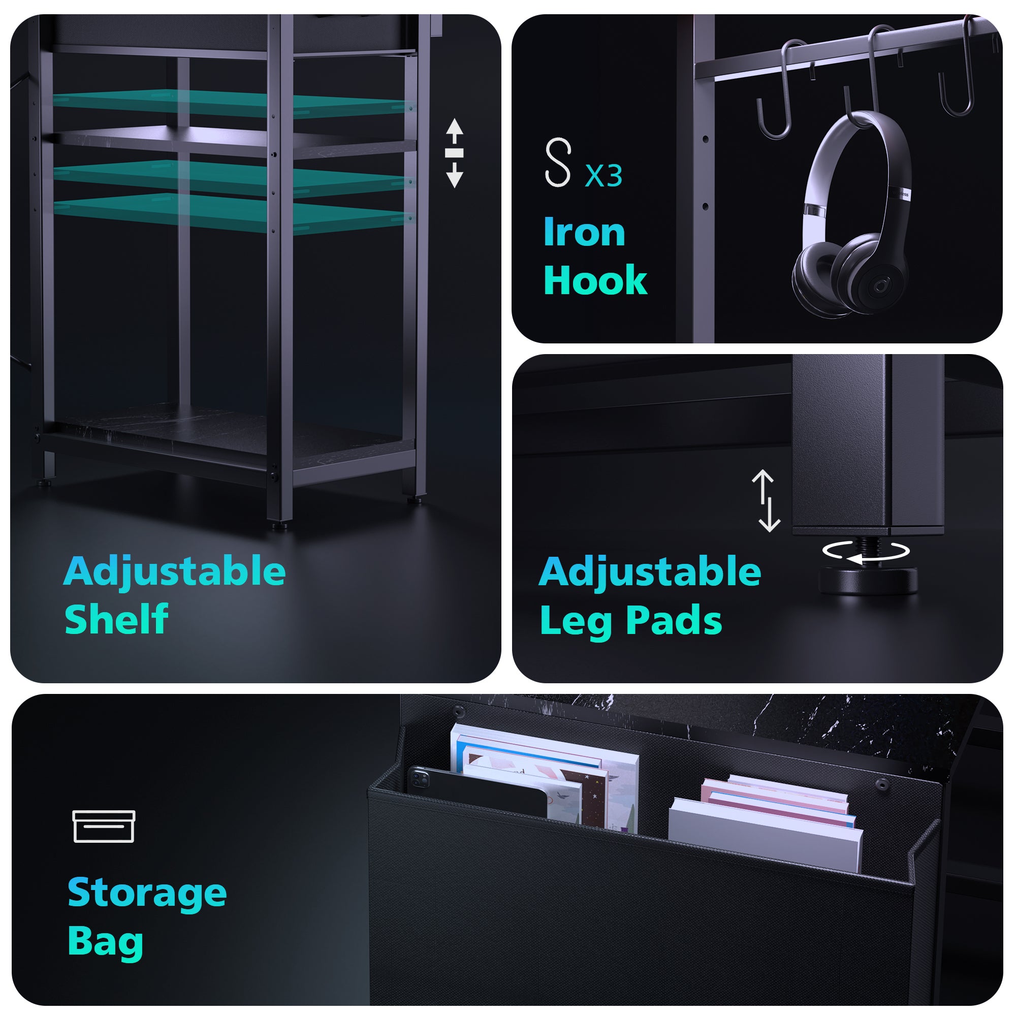 Eunon 44" Gaming Desk with LED Lights, Reversible 4 Tier Storage Shelves & Drawer Computer Desk,Black Marble