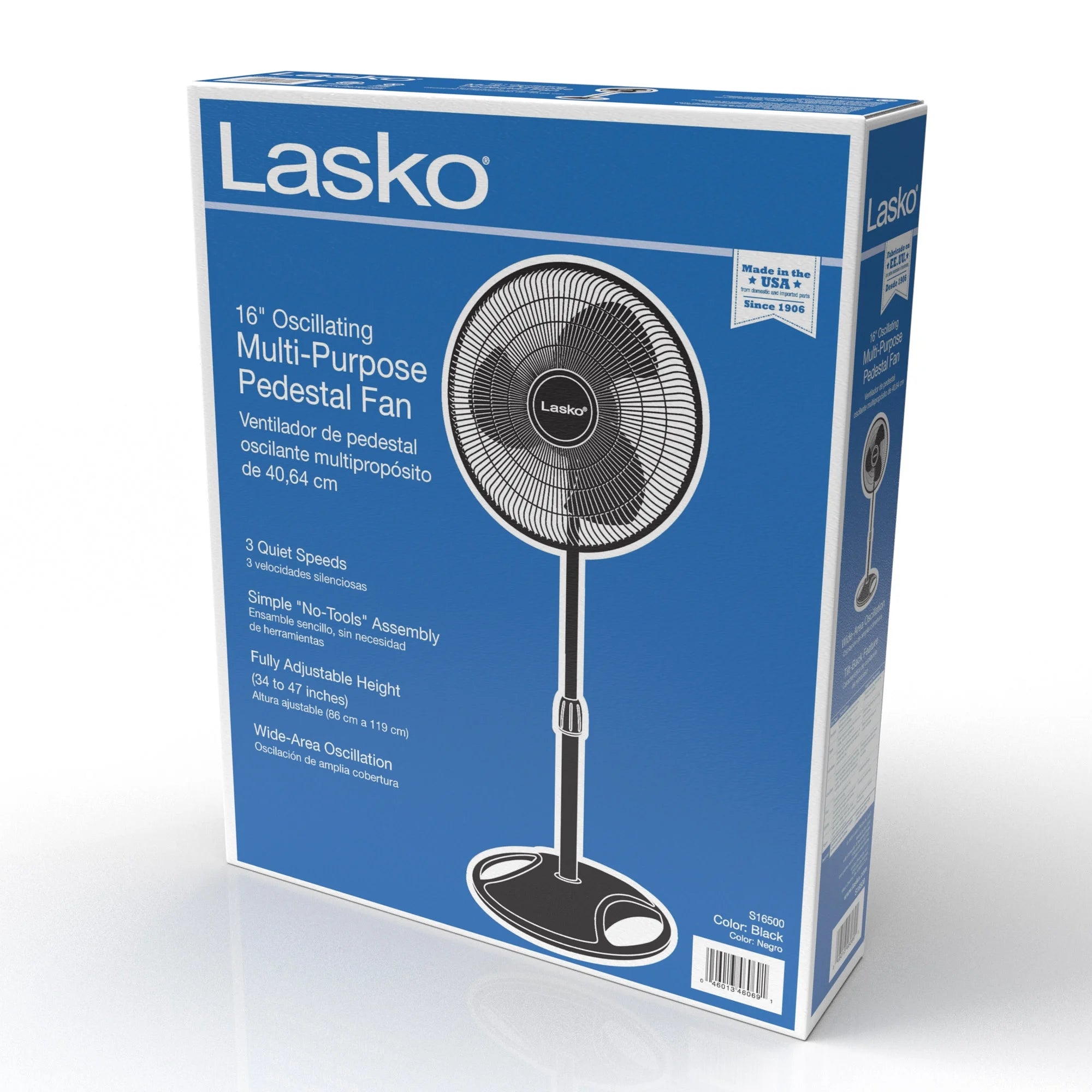 Lasko 16” 3-Speed Adjustable Oscillating Pedestal Fan, Black, S16500 New