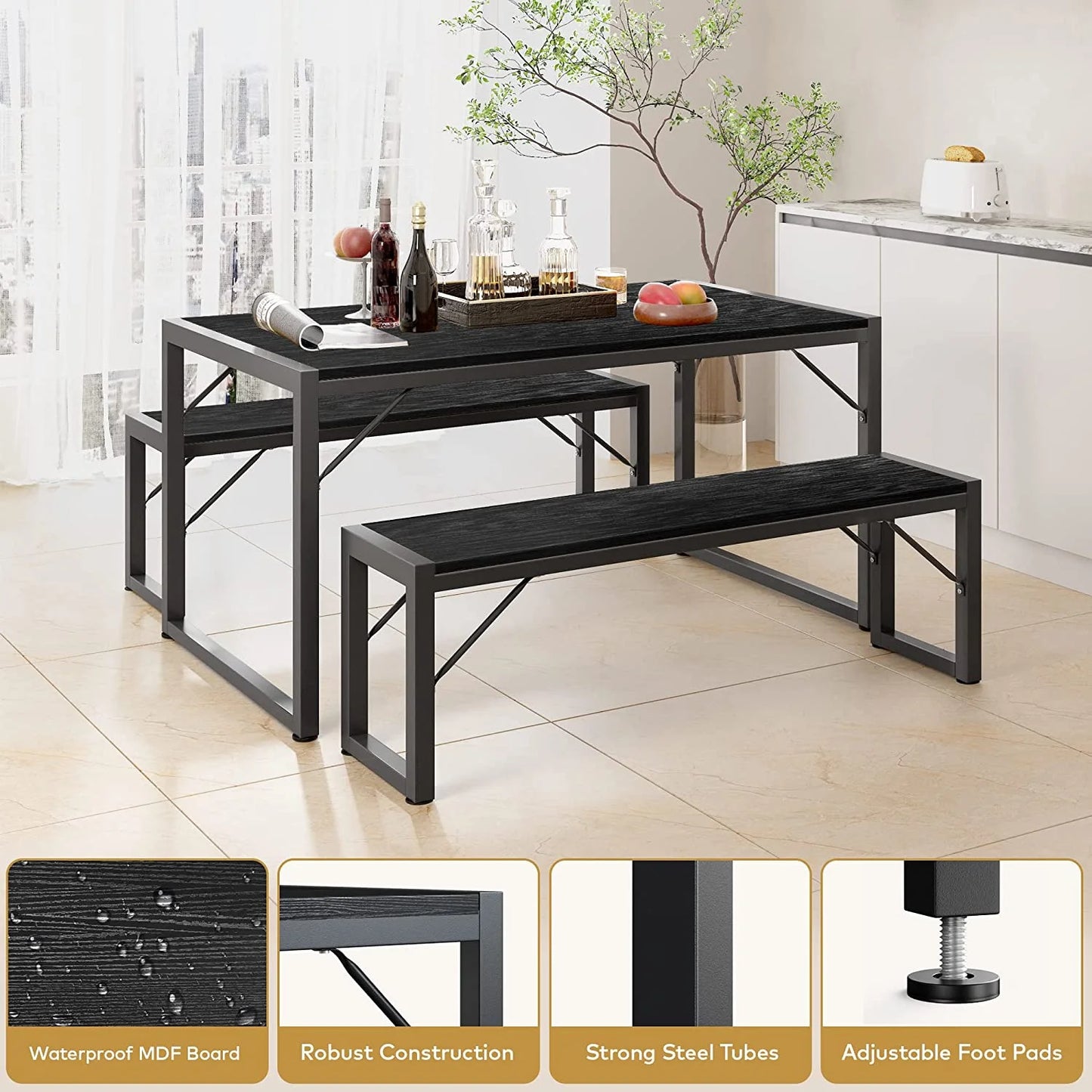45.5" Dining Table and Bench Set for 4 - Space-Saving Black Kitchen Furniture for Apartments
