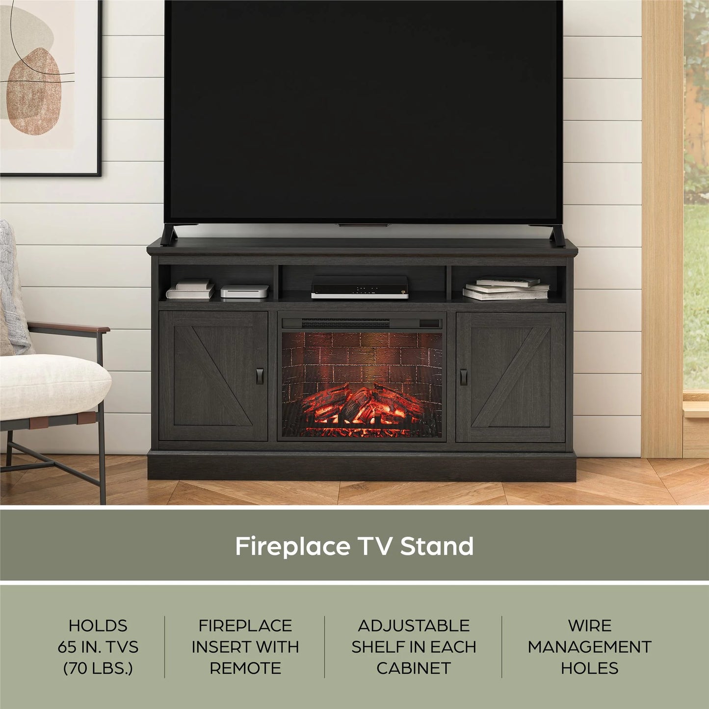 Ashton Lane Electric Fireplace TV Stand with Remote for Tvs up to 65In, Black Oak