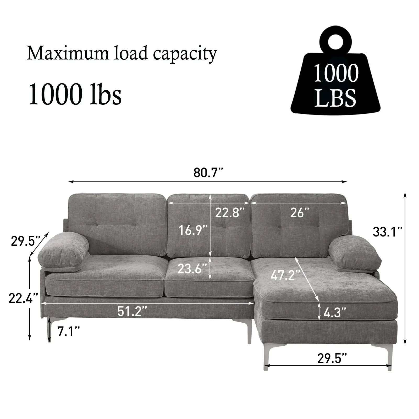 Convertible Sectional Sofa 3-Seater L-Shaped Couch, Chenille Fabric Modern Sofa with Chaise Lounge for Living Room, Apartment, Office, Gray