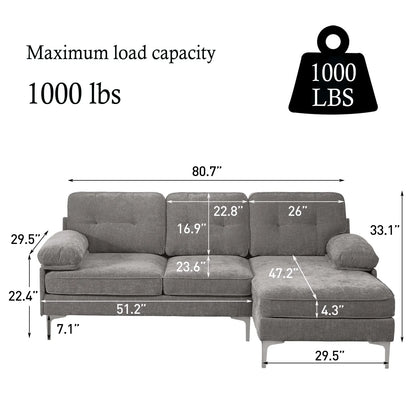 Convertible Sectional Sofa 3-Seater L-Shaped Couch, Chenille Fabric Modern Sofa with Chaise Lounge for Living Room, Apartment, Office, Gray
