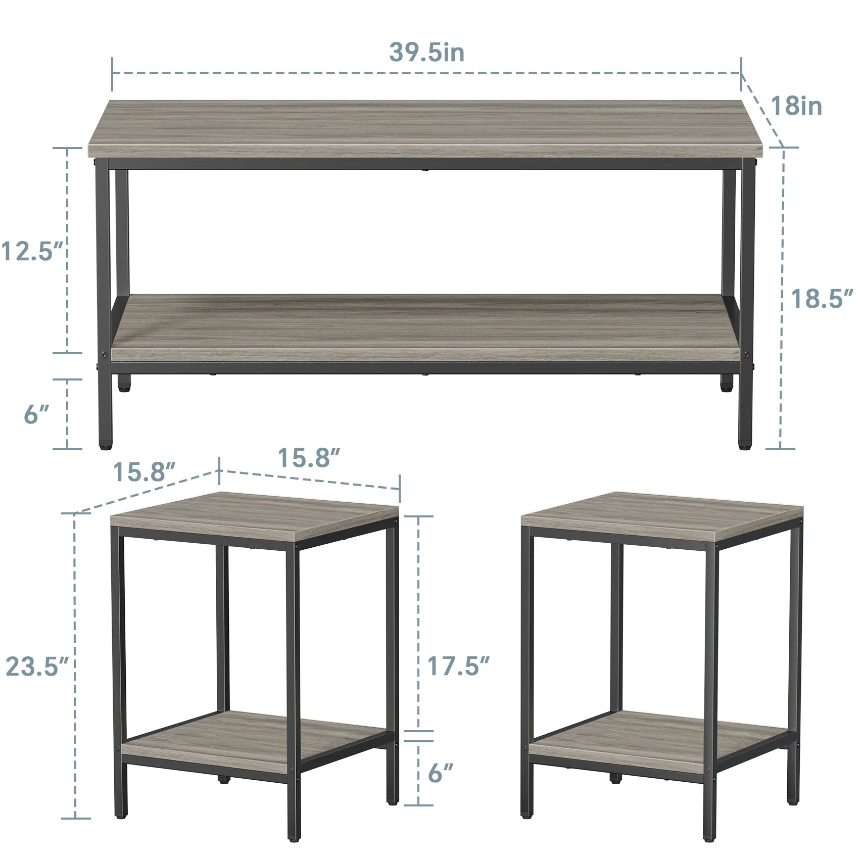JOZ 3-Piece Coffee Table Set for Living Room, End Table Set with Storage, Includes 1 Coffee Table and 2 End Tables, Rock Gray