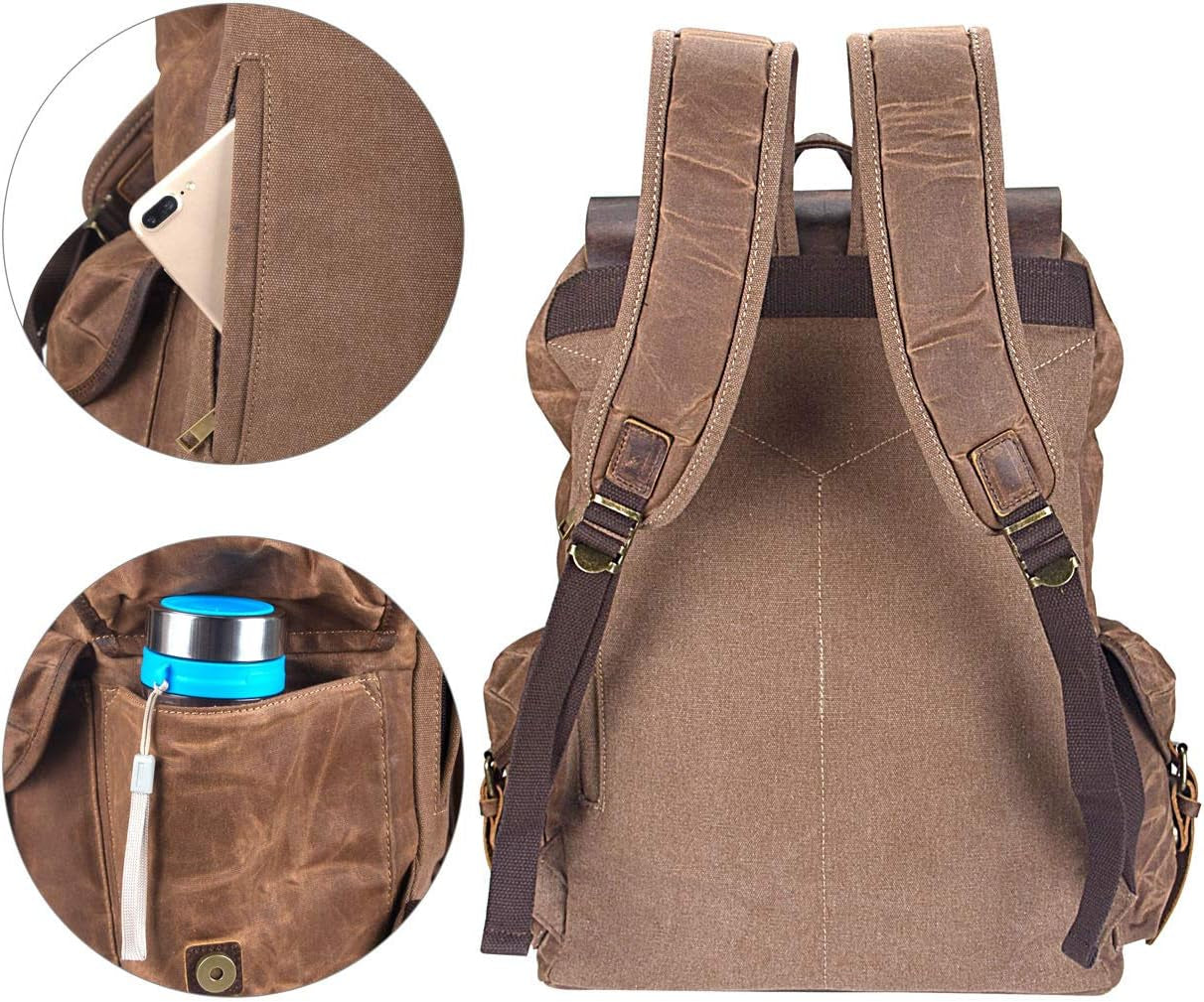 WUDON Leather Backpack for Men, Waxed Canvas Shoulder Rucksack Carry-On Travel Backpack