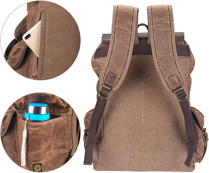 WUDON Leather Backpack for Men, Waxed Canvas Shoulder Rucksack Carry-On Travel Backpack