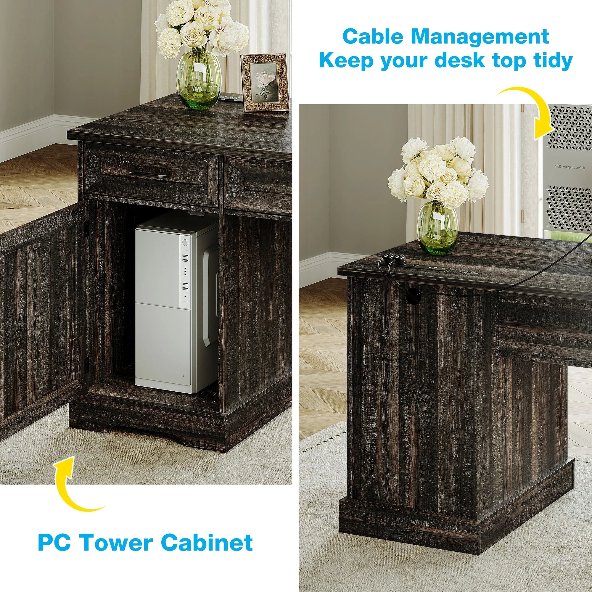 Casacomoda Home Office Desk with File Cabinet and Drawers, 59" Executive Desk with USB Power Outlet, Storage Cabinet for CPU, Workstation Table for Study, Dark Oak