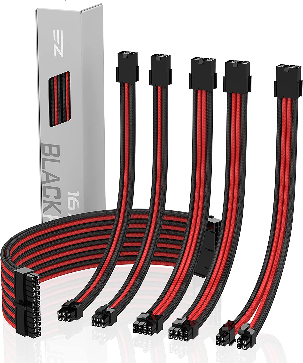 EZDIY-FAB PSU Cable Extension Kit Sleeved Cable Custom Power Supply Sleeved Extension 16 AWG 24-PIN 8-PIN 6-PIN 4+4-PIN with Combs- Black