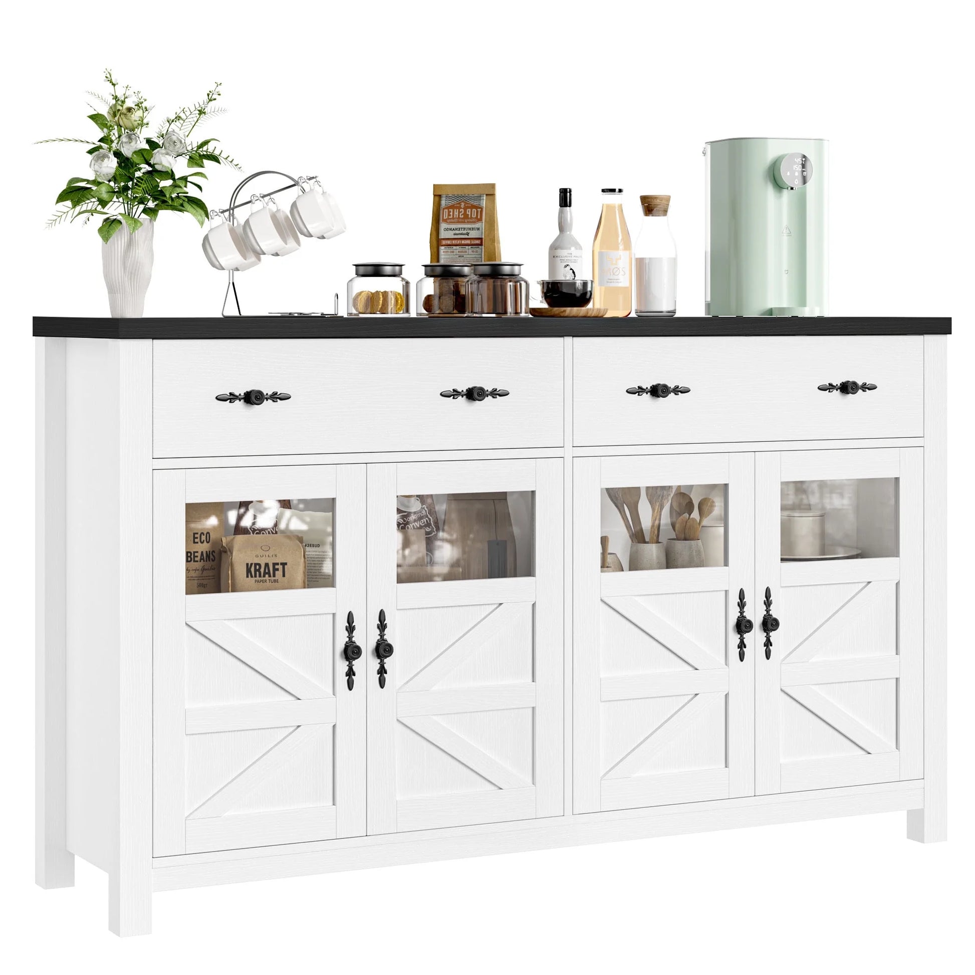 55.1" Farmhouse Kitchen Buffet Cabinet with Storage Drawer and Adjustable Shelf, Glass Door Wood Sideboard Credenza for Dining and Living Room, White and Black