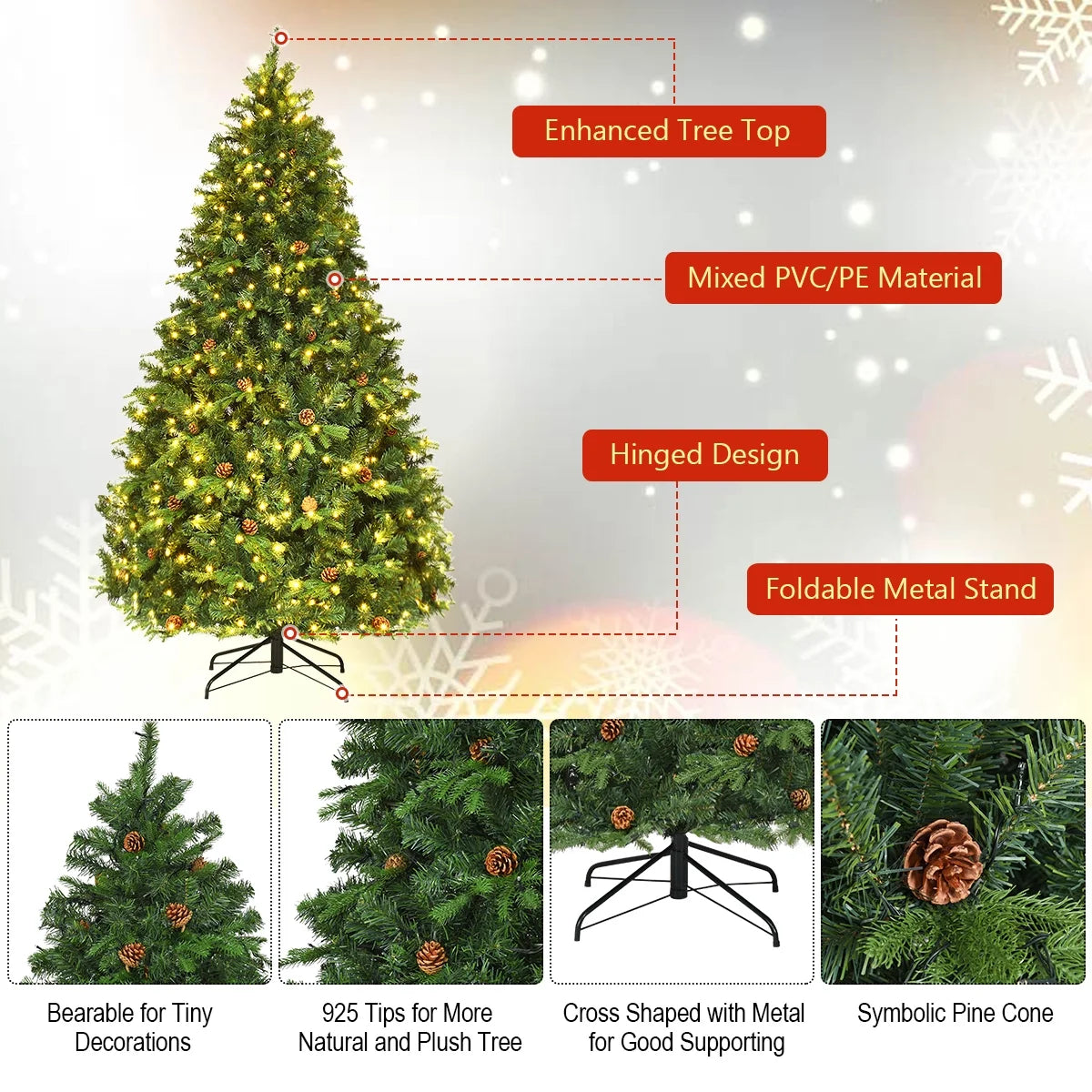 7-Foot Pre-Lit Hinged Christmas Tree with 460 LED Lights and Pine Cones
