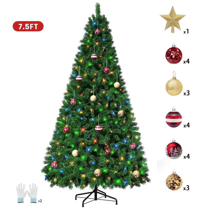 7.5-Foot Pre-Lit Artificial Christmas Tree with 18 Ornaments, Green Holiday Tree for Indoor and Outdoor Decoration