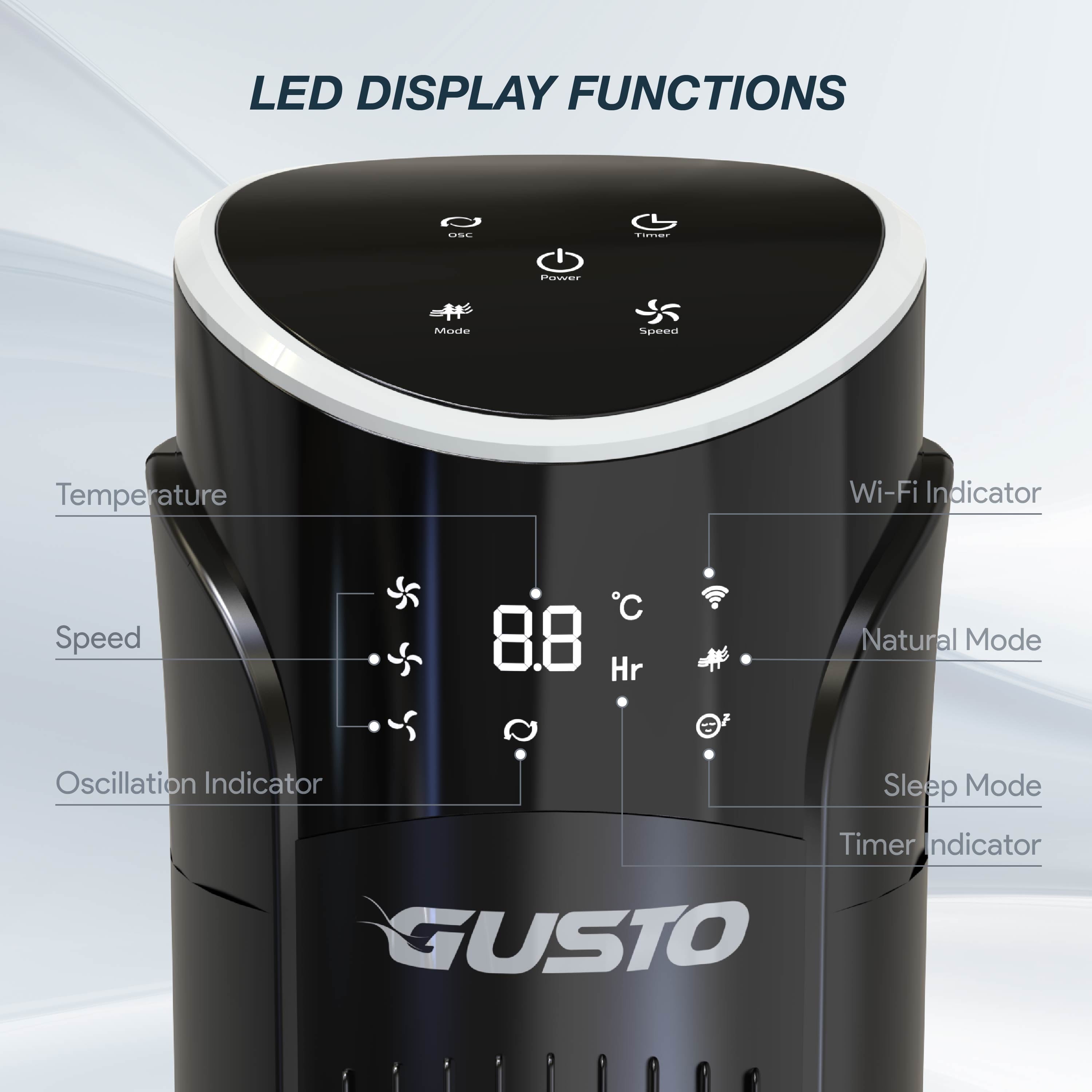 Gusto 33" Bladeless Tower Fan, 3-Speed Electric Fan with LED Display and Wifi Function, Black