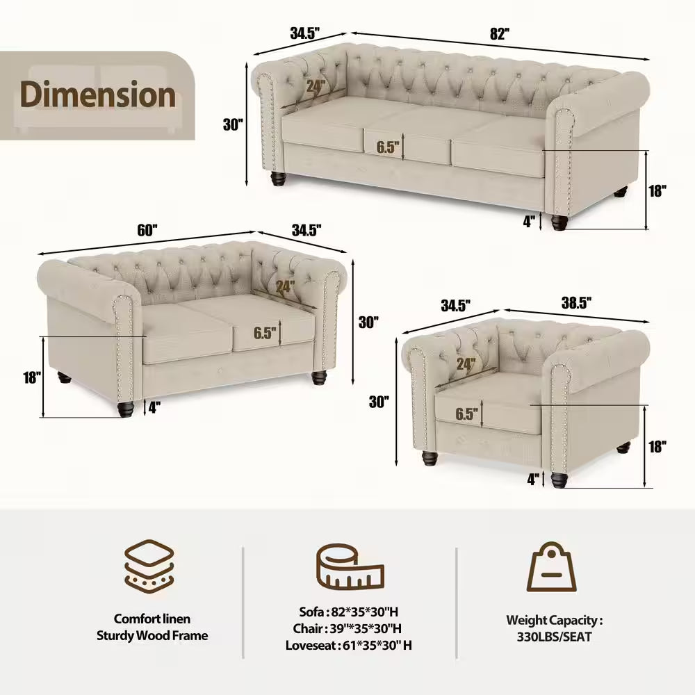 Chesterfield Couches for Living Room, Chair Loveseat and Sofa 3-Pieces Beige Linen Living Room Set with Rolled Arm