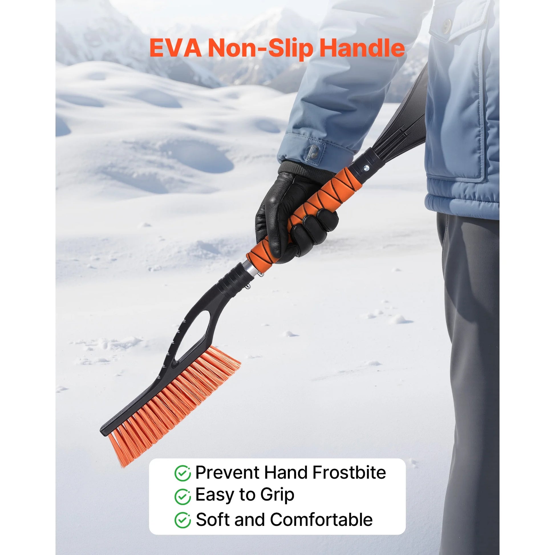27-Inch Aluminum Snow Brush and Ice Scraper with Foam Handle and Non-Scratch Bristles - Lightweight, Portable, and Detachable Design for Vehicle Windshields