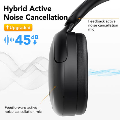 Hybrid Active Noise Cancelling Bluetooth Headphones with 50 Hours Playtime, Enhanced Call Clarity with 4 Microphones, Bass Boosted Sound, Comfortable Over-Ear Design for Travel and Home Office - Black