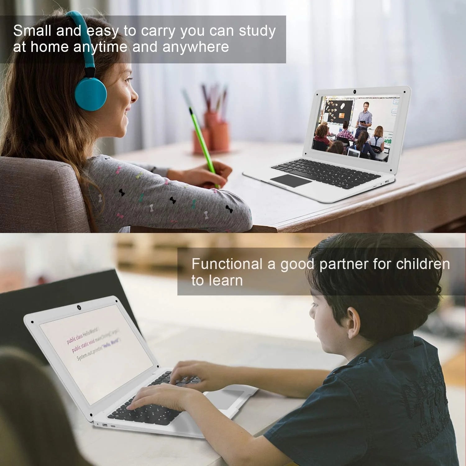 10.1" Inch Portable Kids Laptop Computer Powered by Linux-Android 12 OS, Bluetooth, Wi-Fi- White